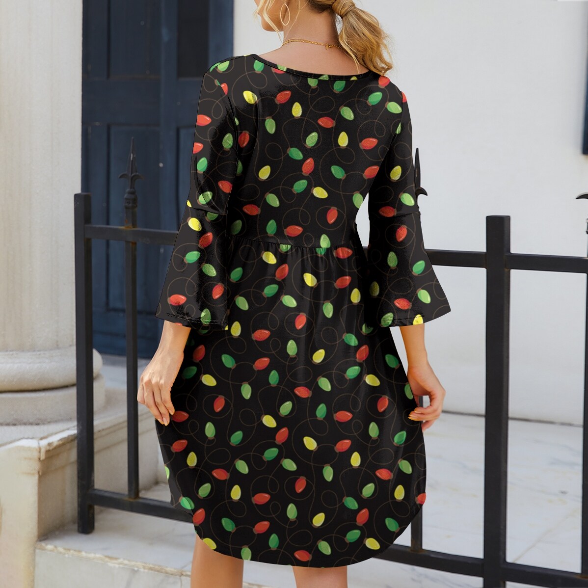 Black Multi Color Holiday Lights Print Round Neck Three Quarter Sleeve Dress