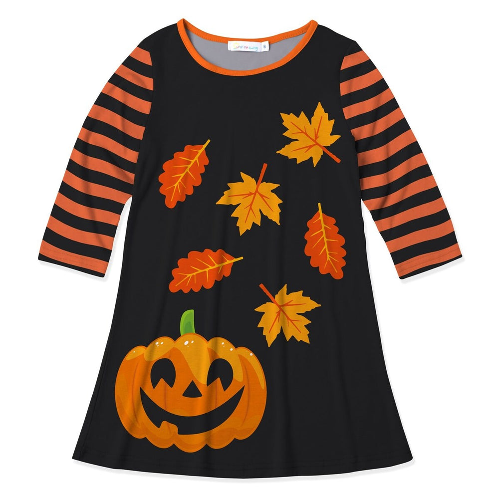 Black & Orange Pumpkin Leaf & Stripe Print Three-Quarter Sleeve Dress