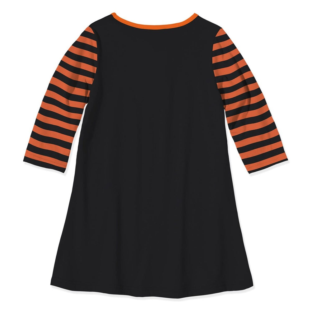 Black & Orange Pumpkin Leaf & Stripe Print Three-Quarter Sleeve Dress