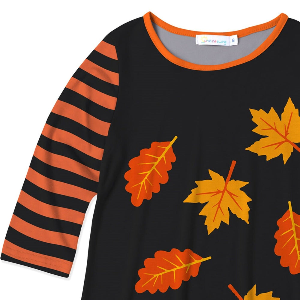 Black & Orange Pumpkin Leaf & Stripe Print Three-Quarter Sleeve Dress