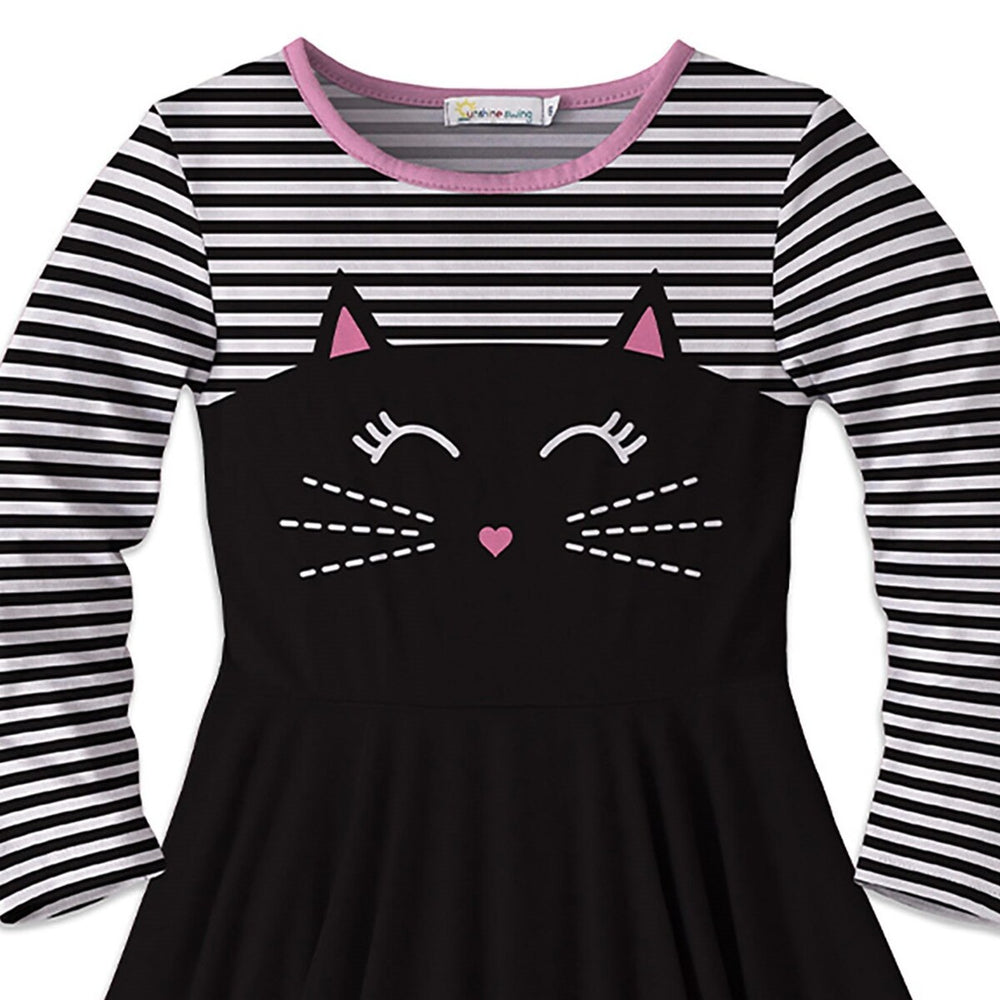 Black & Pink Cat Face & Stripe Print Handkerchief Dress