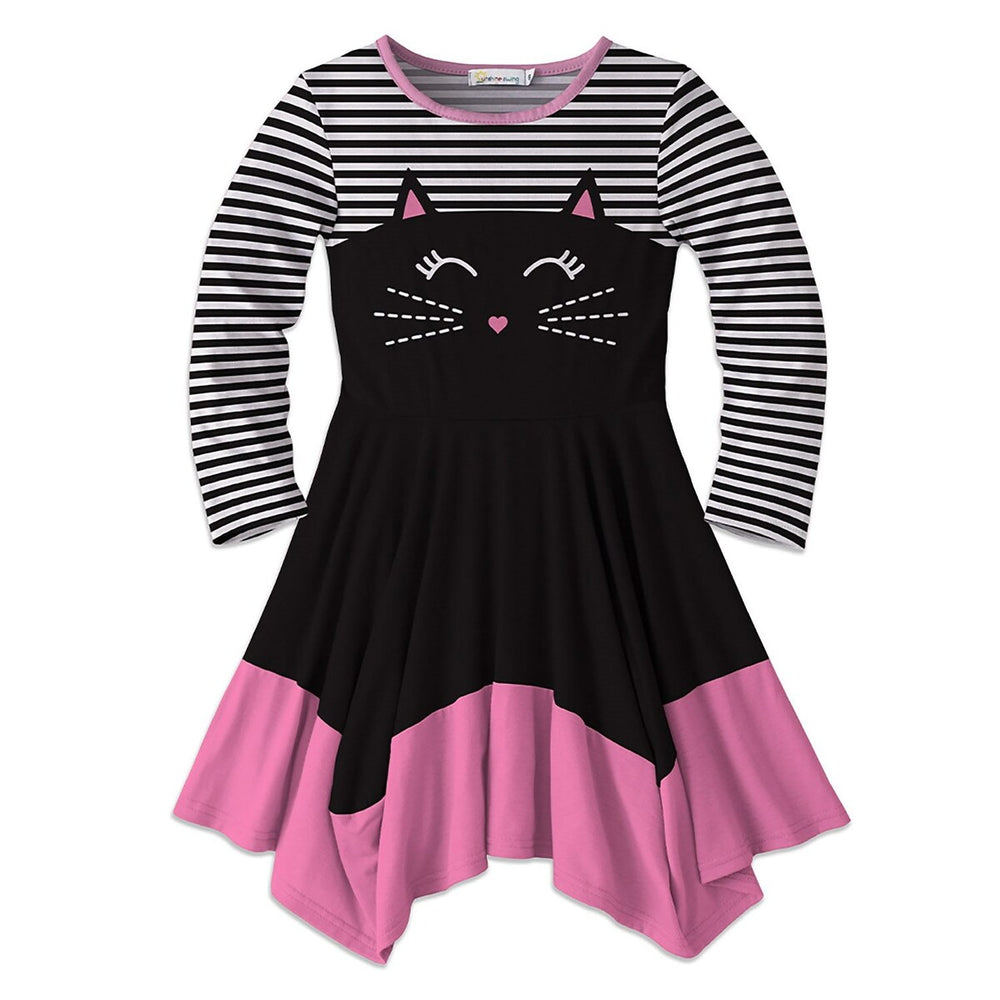 Black & Pink Cat Face & Stripe Print Handkerchief Dress