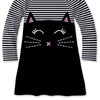 Black & White Cat Face & Stripe Print Raglan Dress