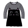 Black & White Cat Face & Stripe Print Raglan Dress