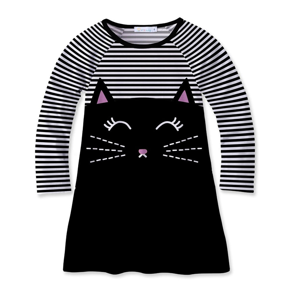 Black & White Cat Face & Stripe Print Raglan Dress