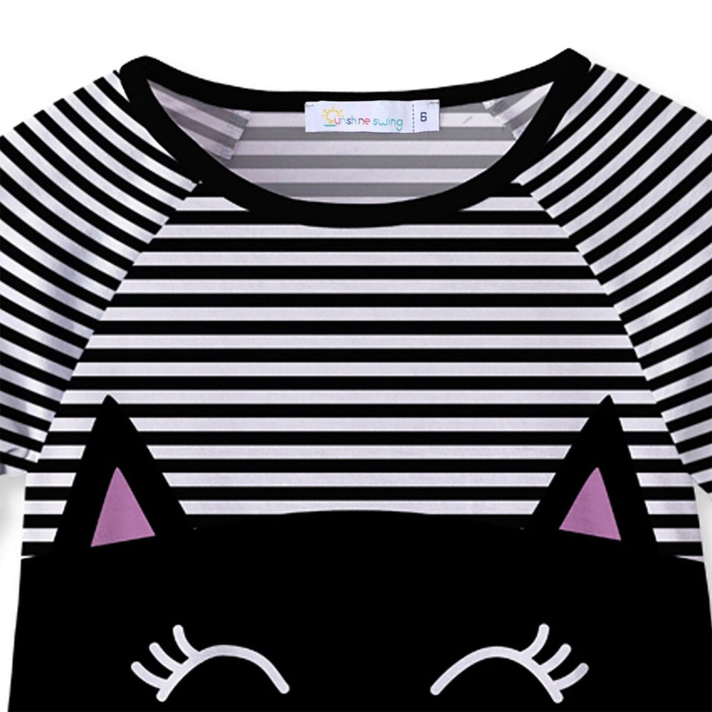 Black & White Cat Face & Stripe Print Raglan Dress