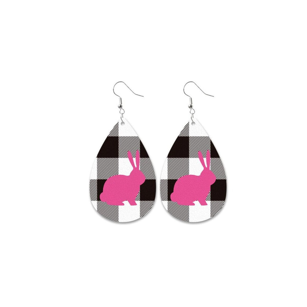 Black & White Plaid Pink Bunny Teardrop Drop Earrings