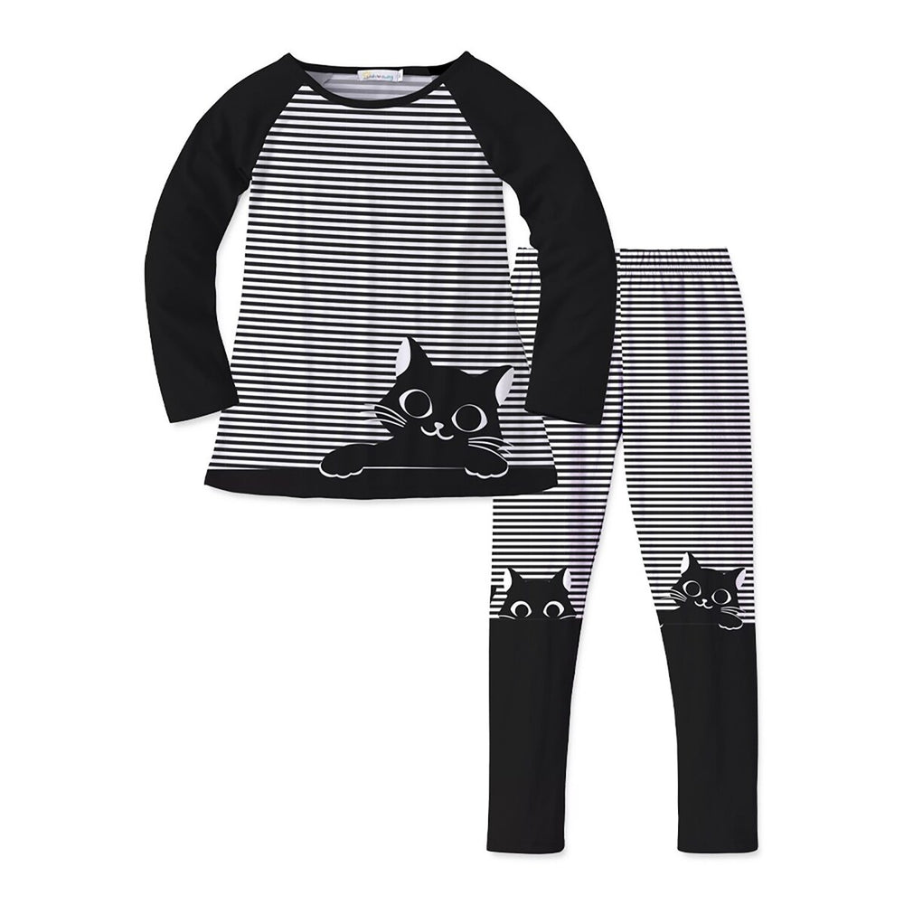 Black & White Stripe & Cat Print Raglan Tee & Leggings