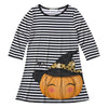 Black & White Stripe & Pumpkin Print Three-Quarter Sleeve Dress