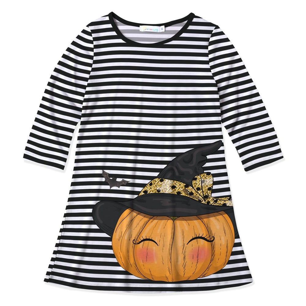 Black & White Stripe & Pumpkin Print Three-Quarter Sleeve Dress