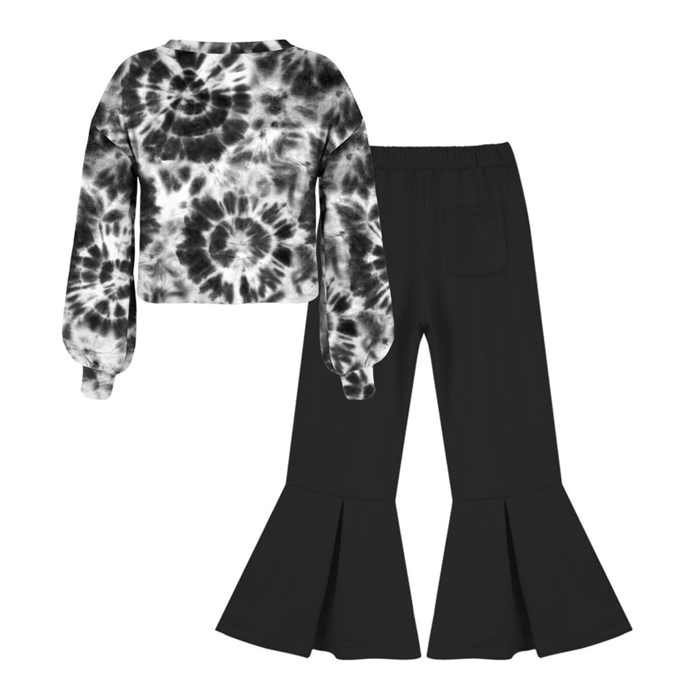 Black & White Tie-Dye Print Bishop-Sleeve Top & Flare Pants