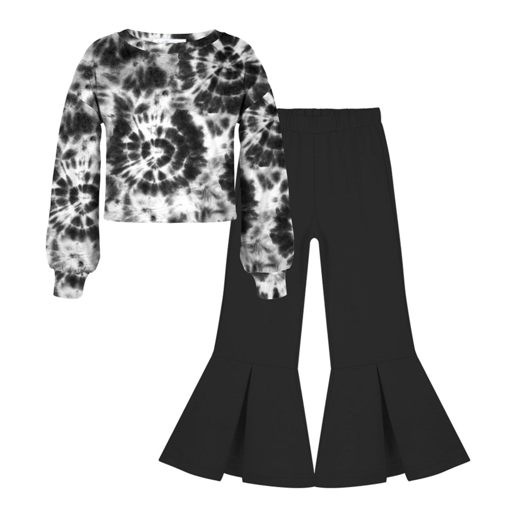 Black & White Tie-Dye Print Bishop-Sleeve Top & Flare Pants