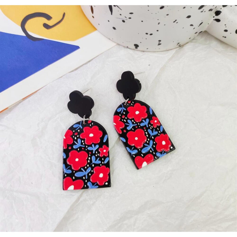 Black, Pink Blue Floral Drop Earrings