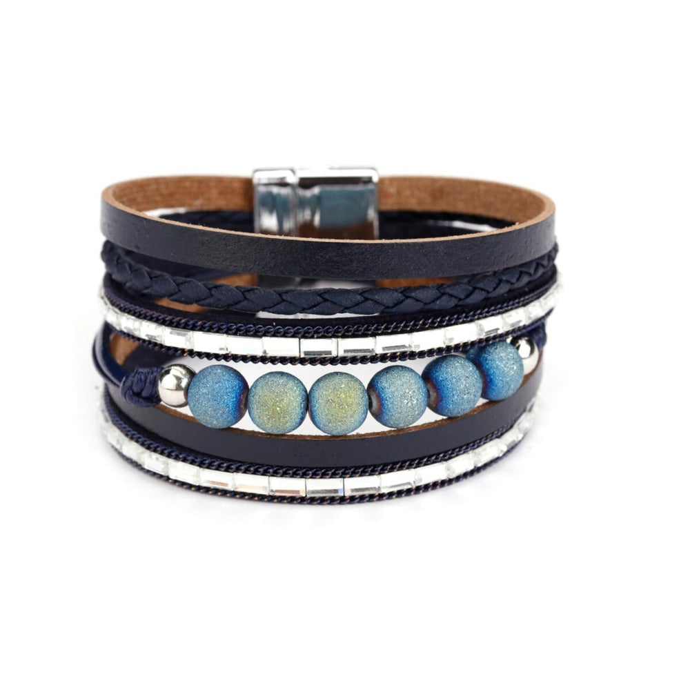 Blue Agate Beads Black Faux Leather Bracelet