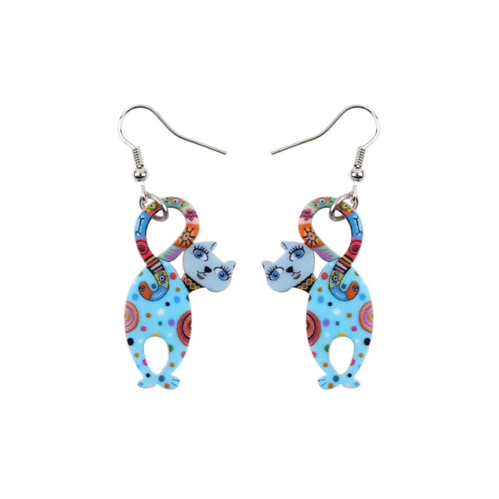 Blue Backwards Cat Drop Earrings