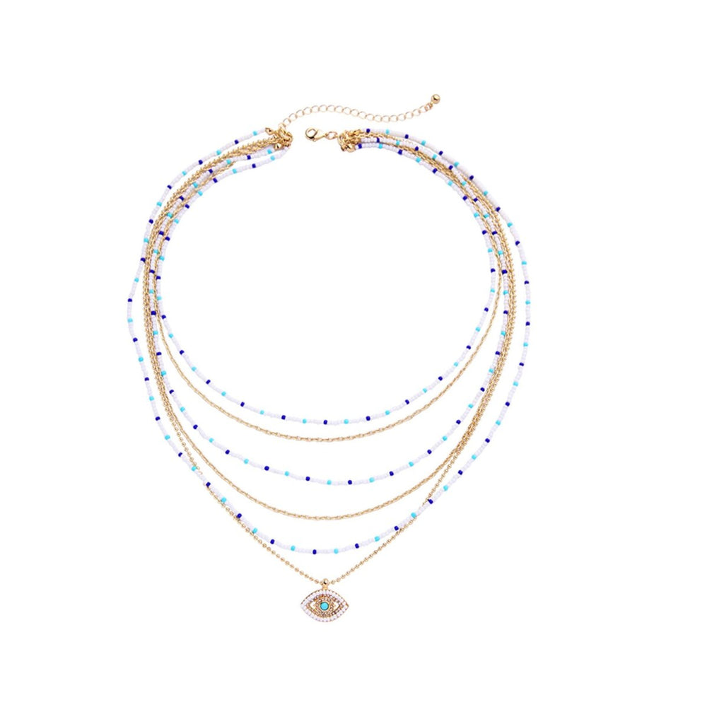 Blue Beaded Goldtone Eye Layered Necklace - White