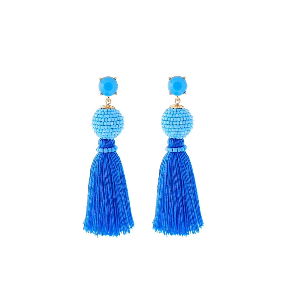 Blue Beaded Tasseled Earrings