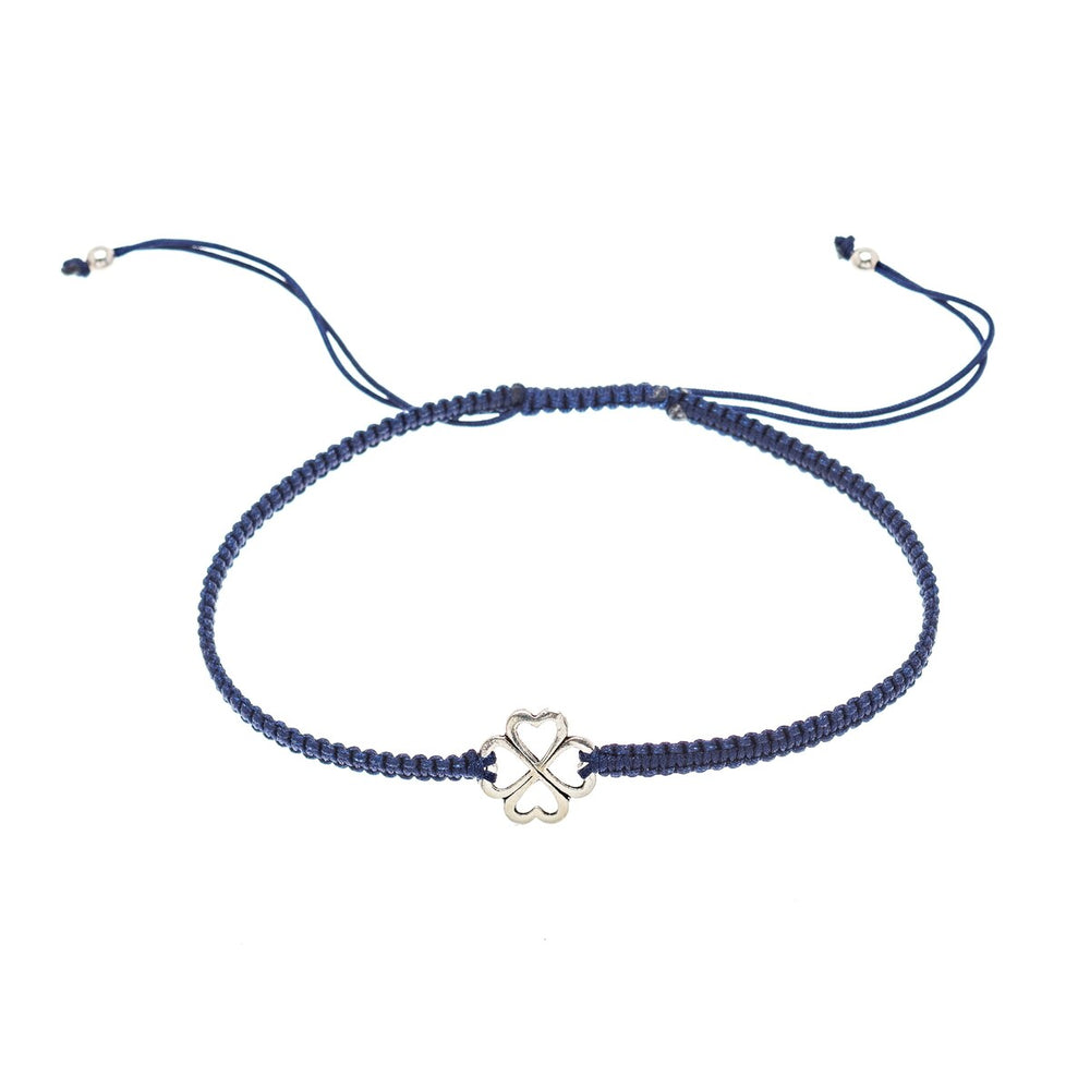 Blue Black Adjustable Bracelet With Sterling Silver Clover