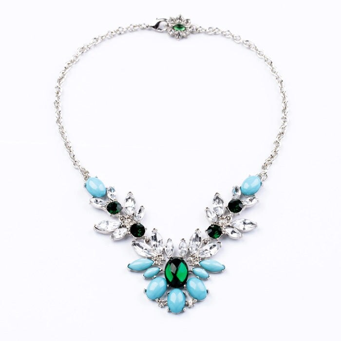 Blue Clear Crystal Bib Statement Necklace - White