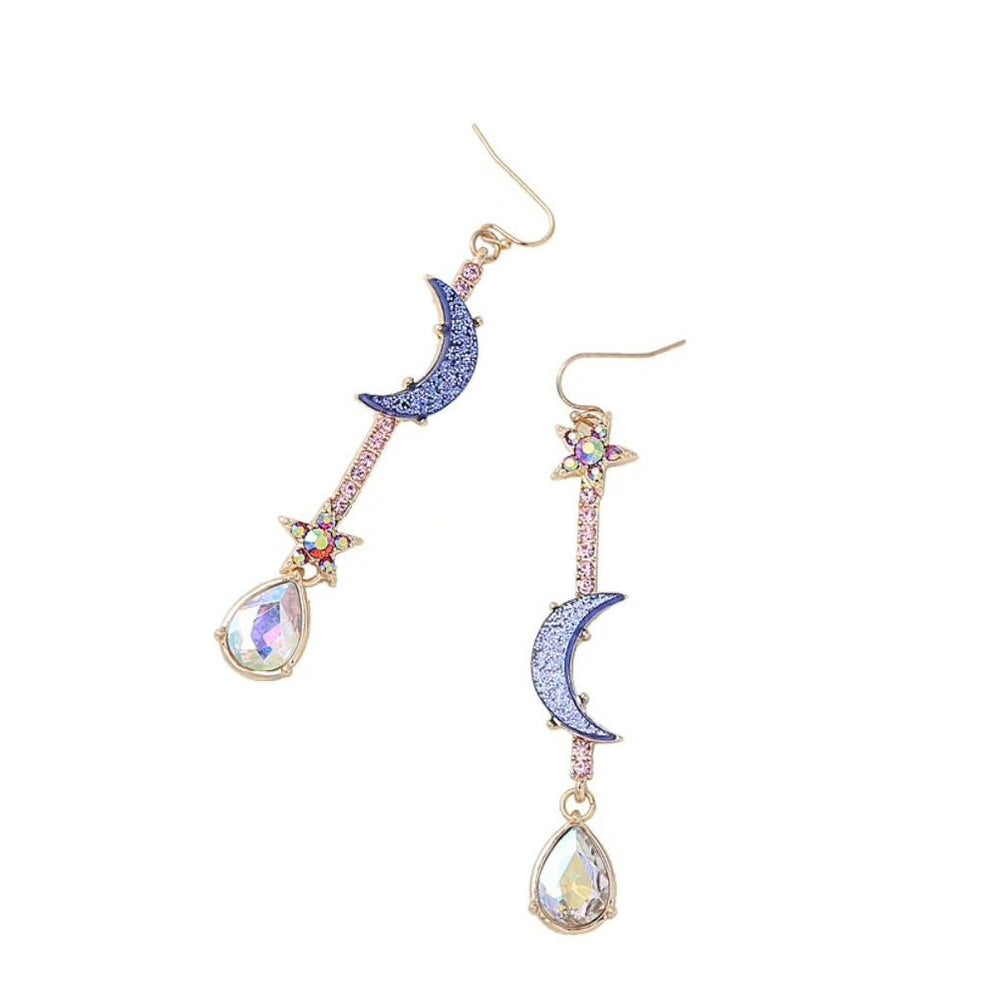 Blue Crescent Moon Iridescent Teardrop Earrings