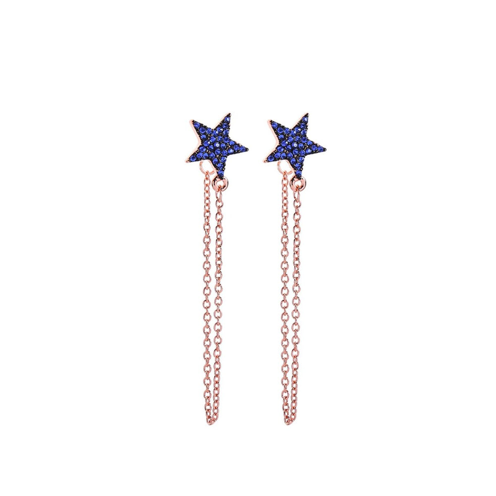 Blue Crystal Star Rose Goldtone Chain Drop Earrings