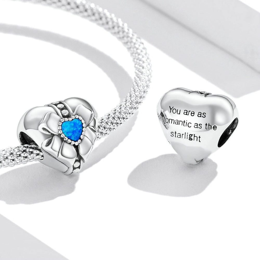 Blue Cubic Zirconia & Sterling Silver Blue Bow Heart Charm