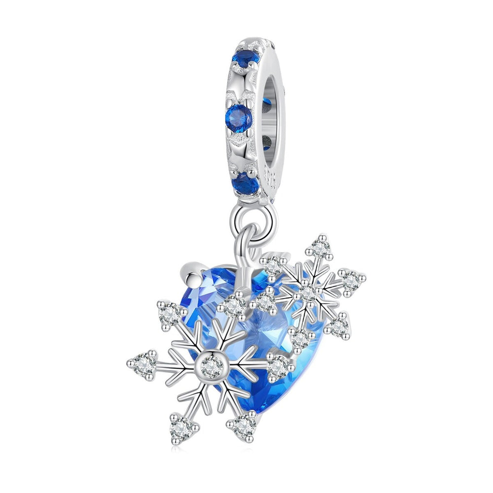 Blue Cubic Zirconia & Sterling Silver Double Snowflake Heart Charm