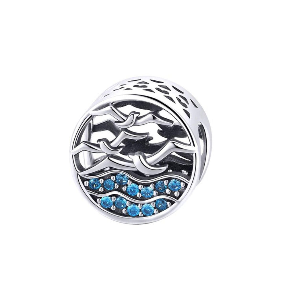 Blue Cubic Zirconia & Sterling Silver Round Ocean & Bird Charm