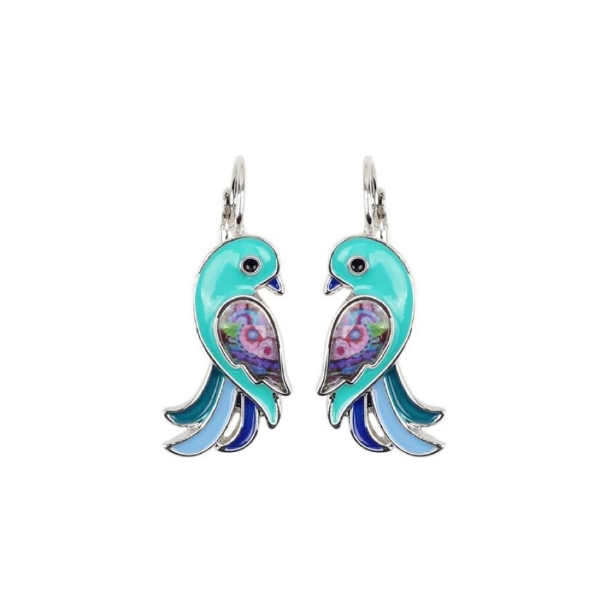 Blue Enamel Bird Leverback Earrings