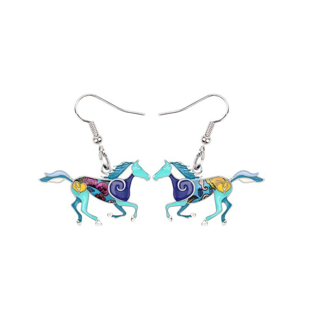 Blue Enamel Horse Drop Earrings