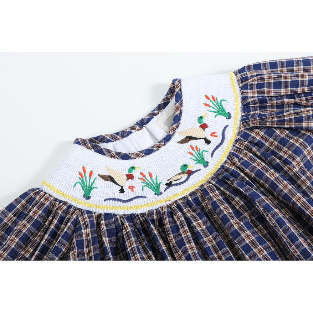 Blue Flannel Plaid Mallard Smocked Bishop Dress