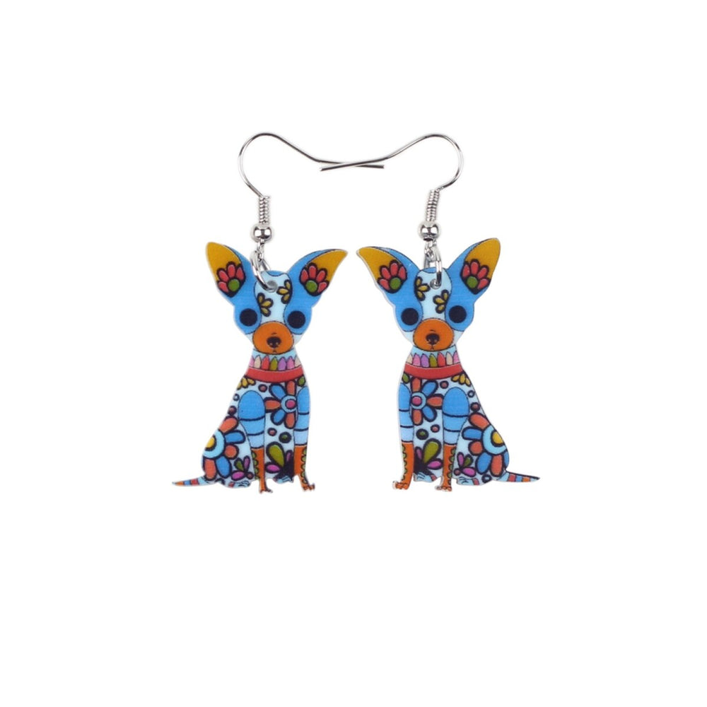 Blue Floral Chihuahua Drop Earrings