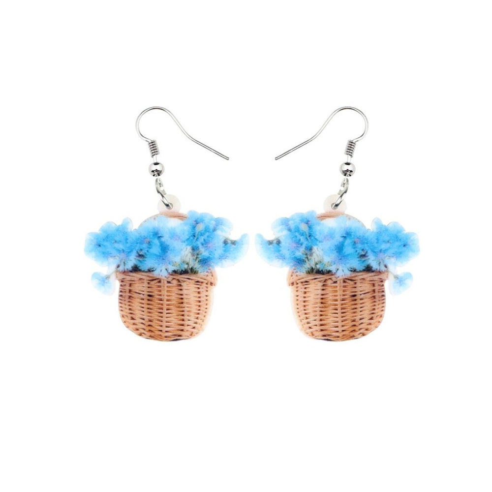 Blue Flowers In Basket Drop Earrings