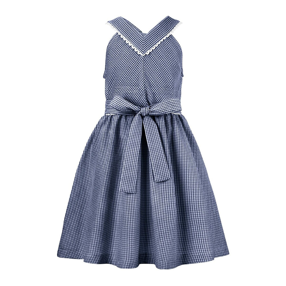 Blue Gingham Bow-Accent Sleeveless A-Line Dress