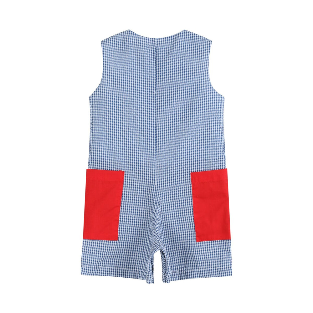 Blue Gingham Farm Animal Tractor Pocket Shortalls