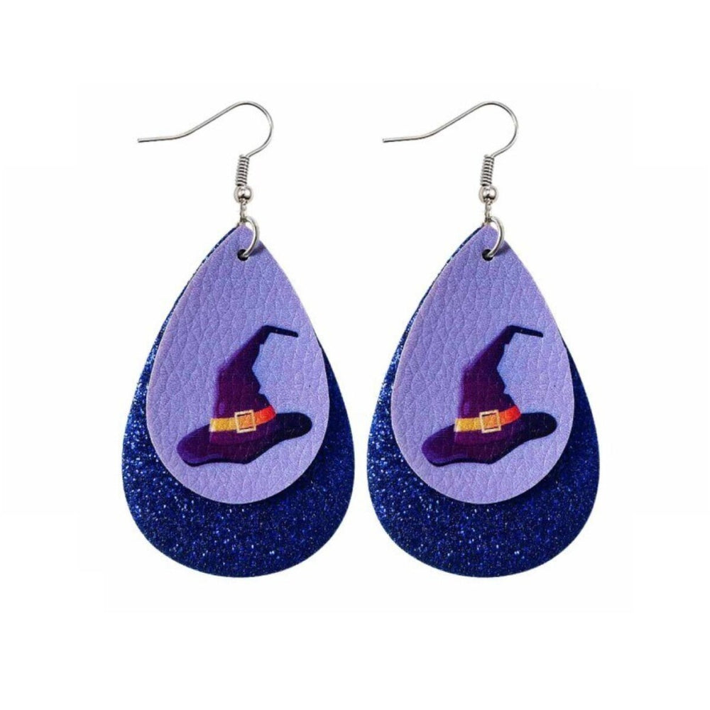 Blue Glitter Witches Hat Layered Teardrop Earrings