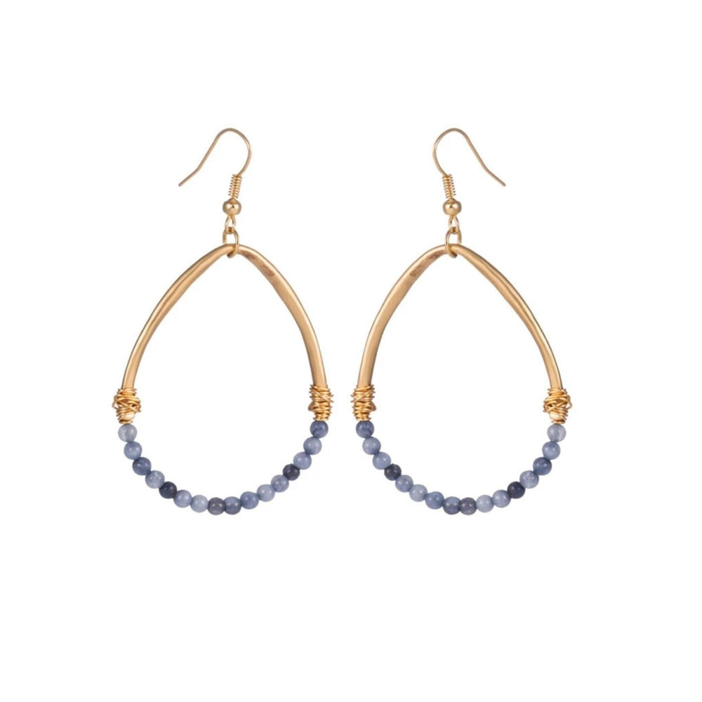 Blue Goldtone Beaded Open Oval Drop Earrings