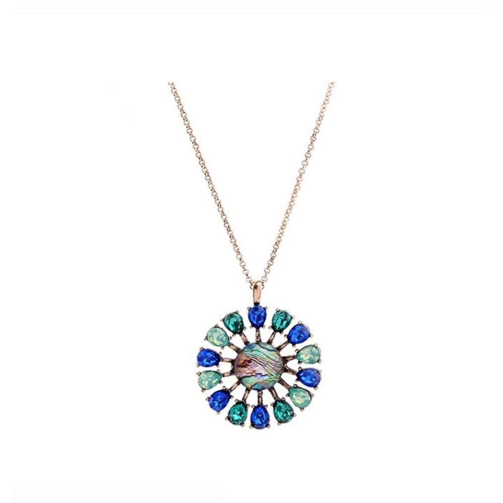 Blue Green Crystal Circular Pendant Necklace - White