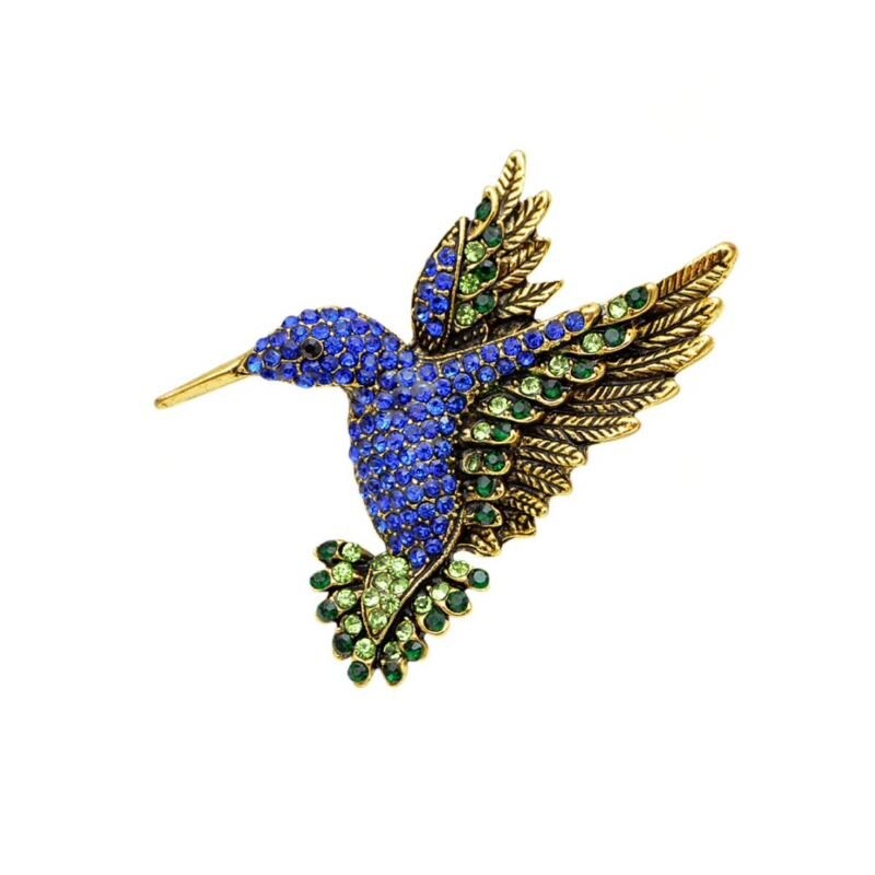 Blue Green Crystal Hummingbird Brooch