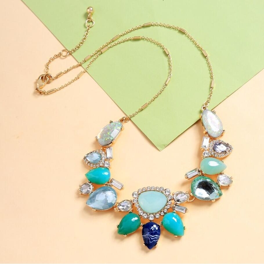 Blue Green Crystal Statement Bib Necklace - White