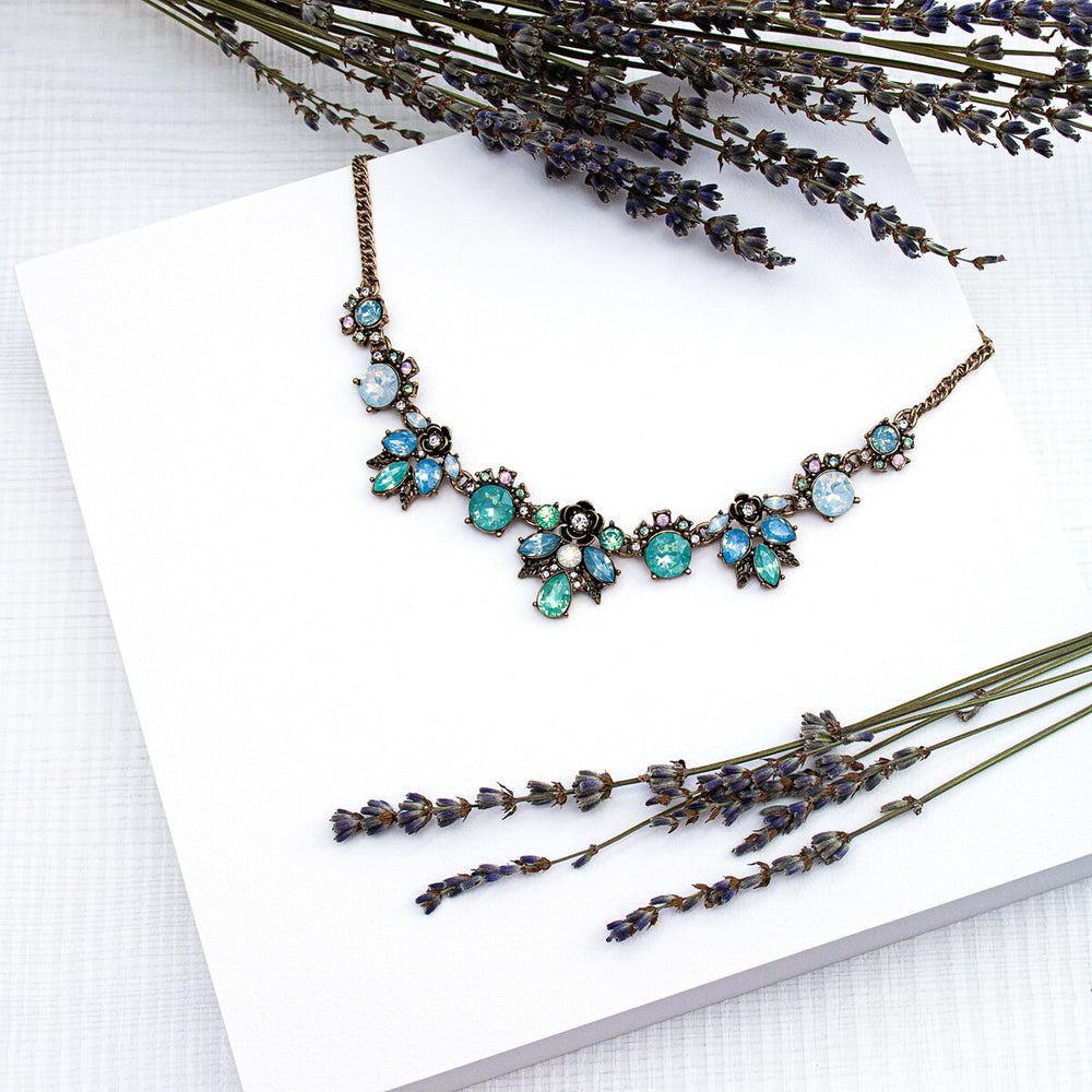 Blue Green Floral Crystal Necklace - White