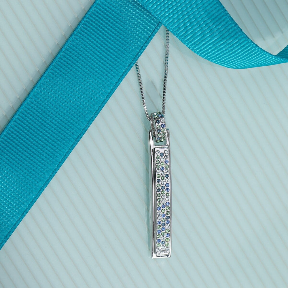 Blue Green Mix Swarovski Crystal Bar Pendant Necklace - White