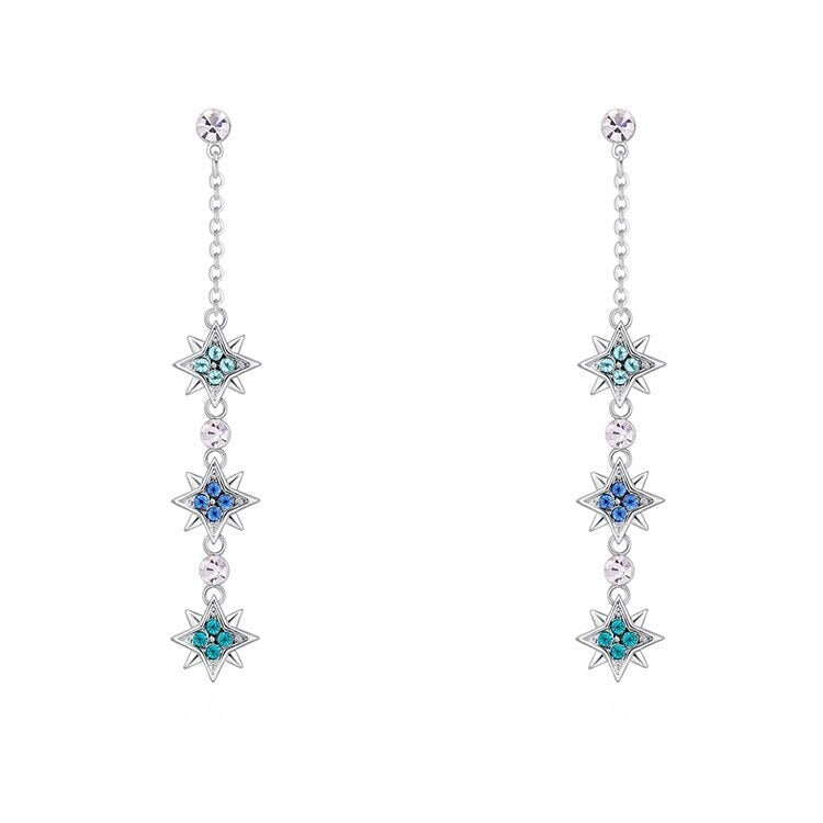 Blue Green Mix Swarovski Crystal Triple Star Drop Earrings