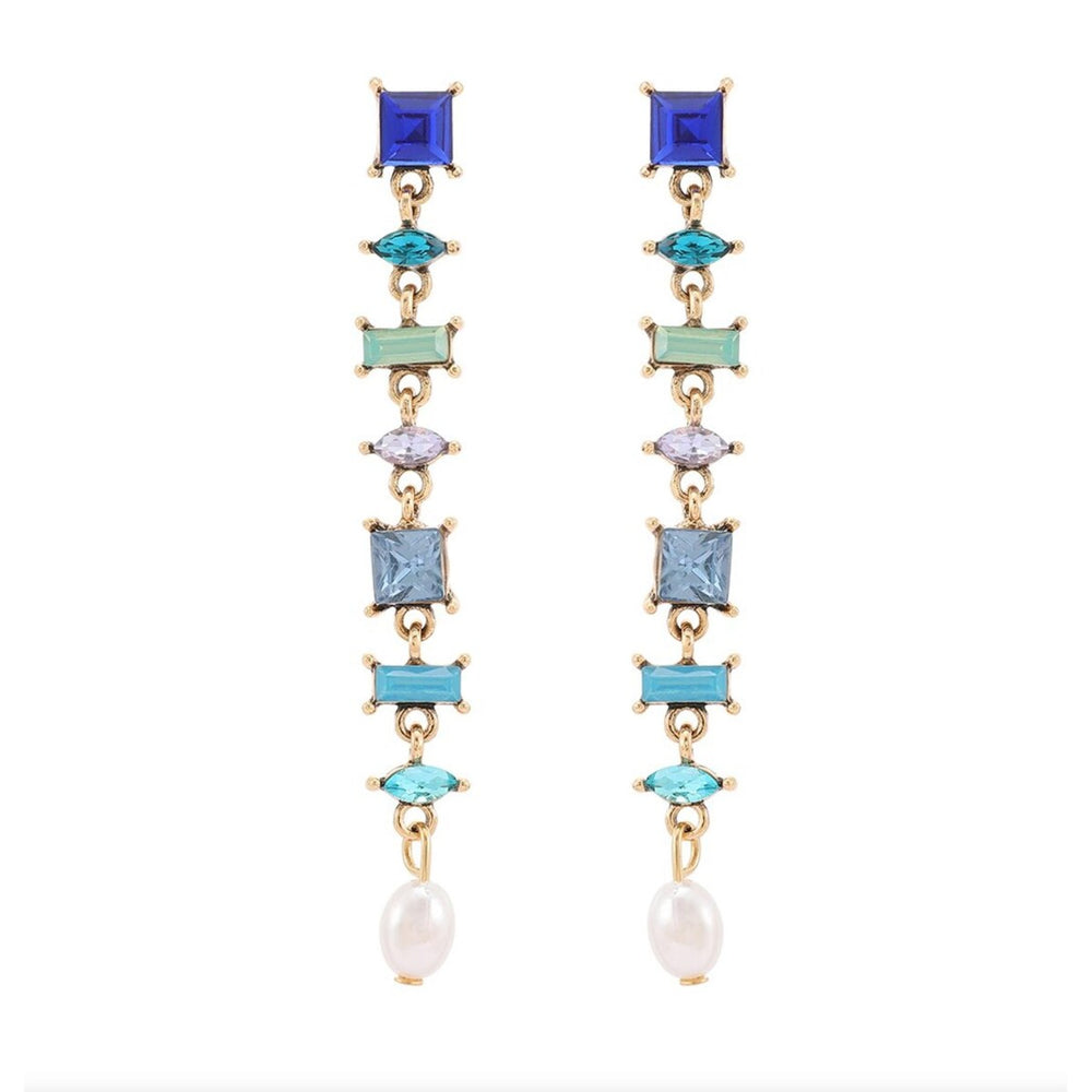 Blue Mix Geometric Crystal Drop Earrings With Imitation Pearl