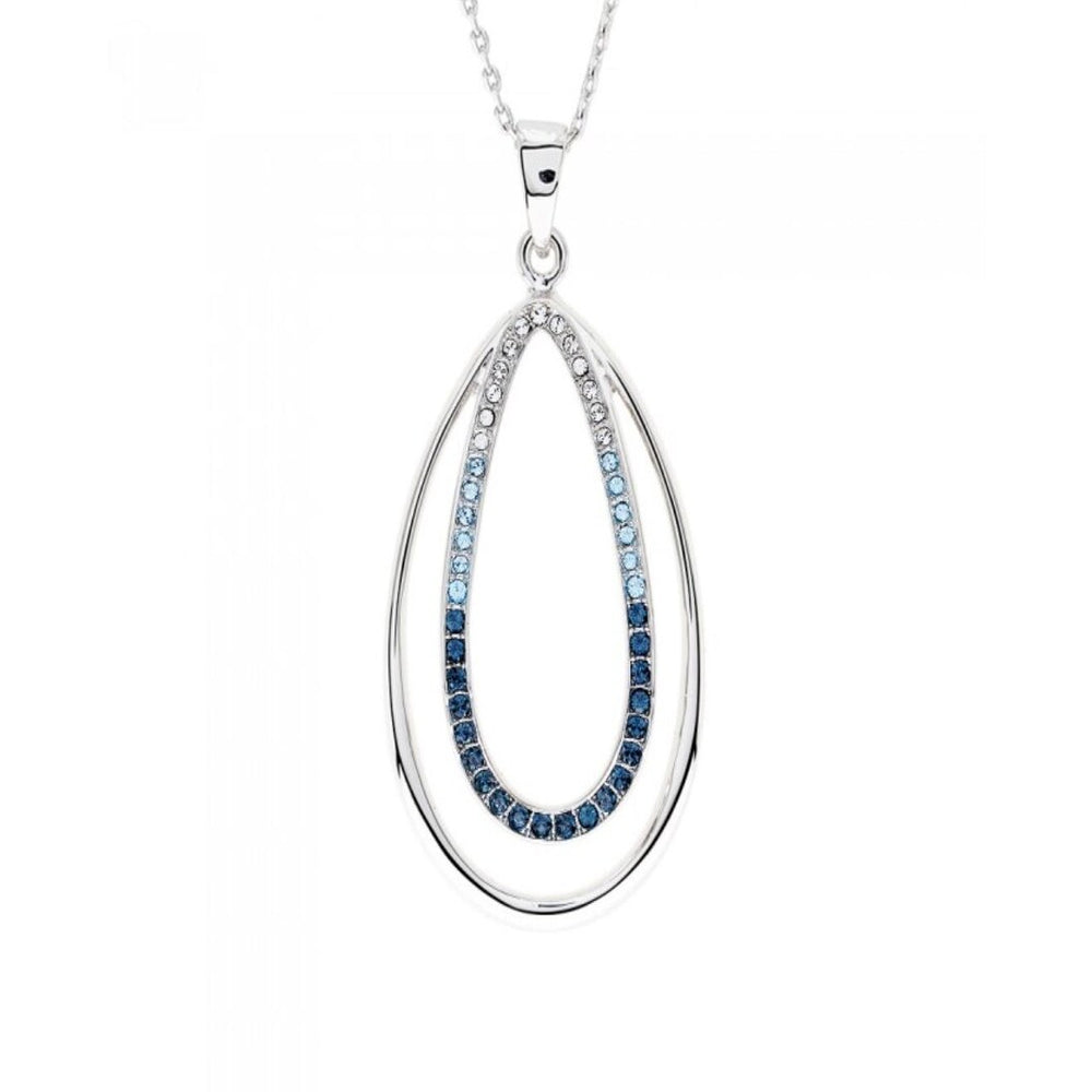 Blue Mix Swarovski Crystal Double Teardrop Pendant Necklace - White