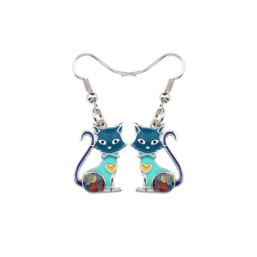 Blue Multi Colored Cat Enamel Earrings