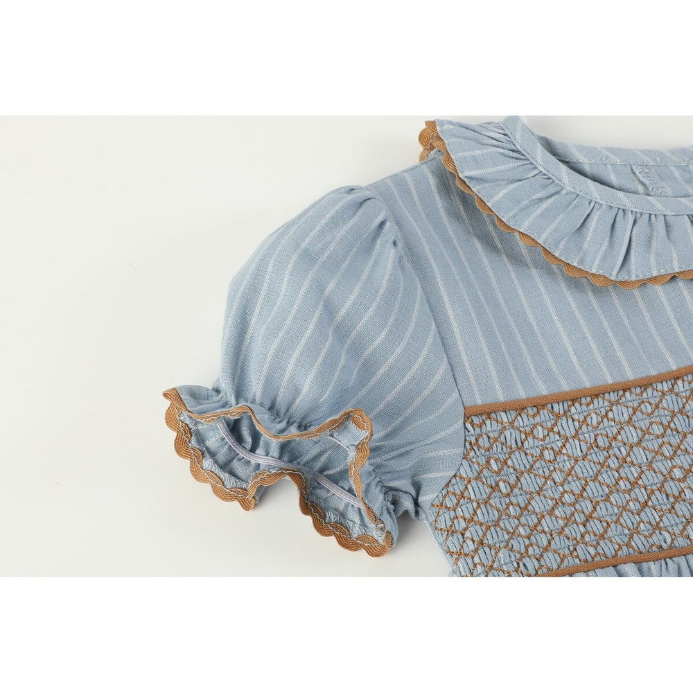 Blue Pinstripe Smocked Ruffle Collar Dress