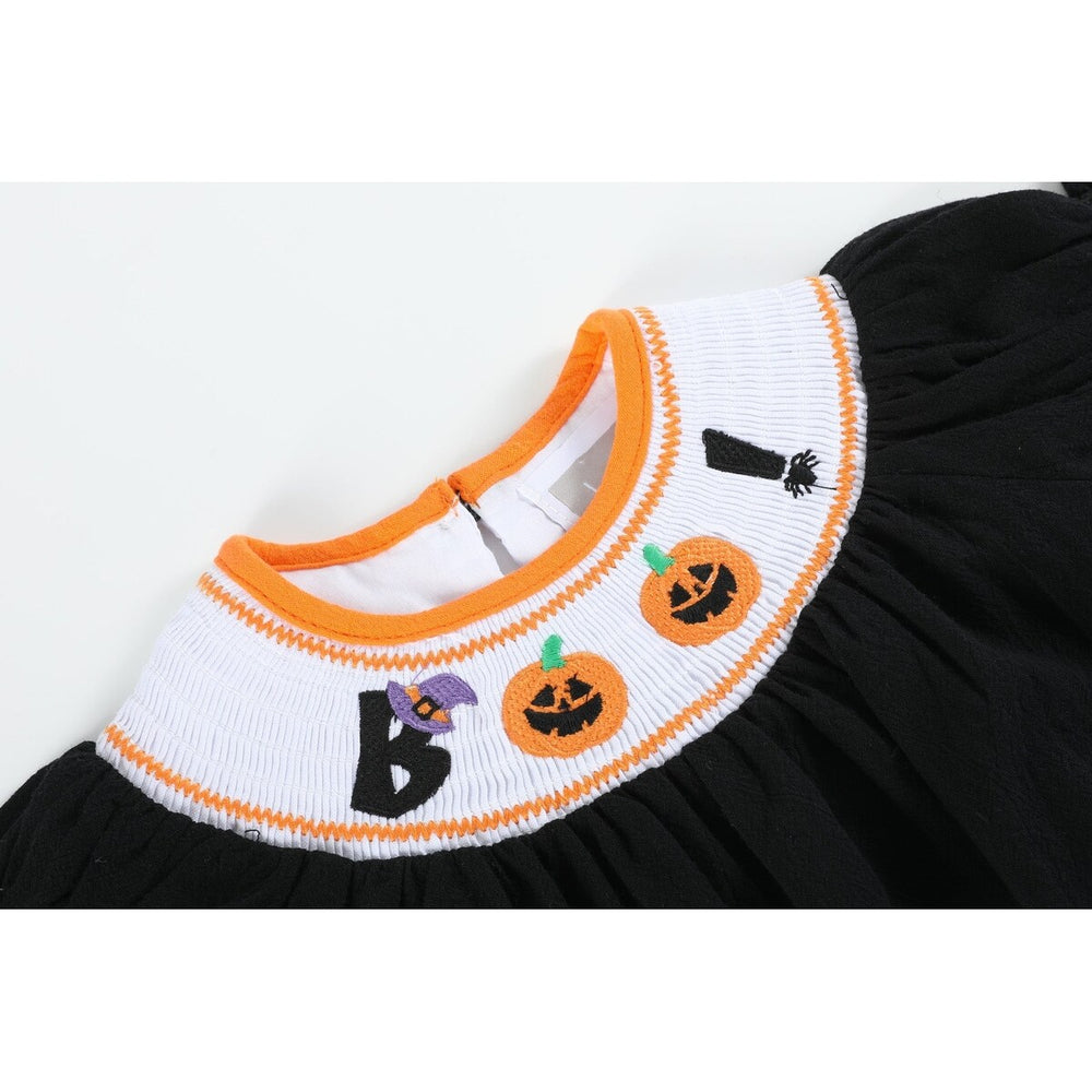 Black and Orange Boo Halloween Smocked Romper