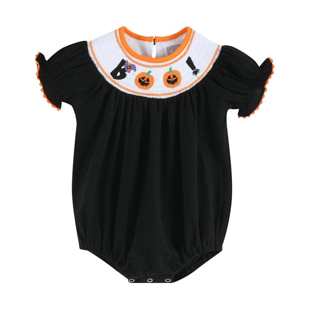 Black and Orange Boo Halloween Smocked Romper