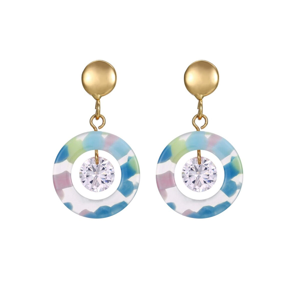 Blue Purple Marbled Circular Earrings With Crystal